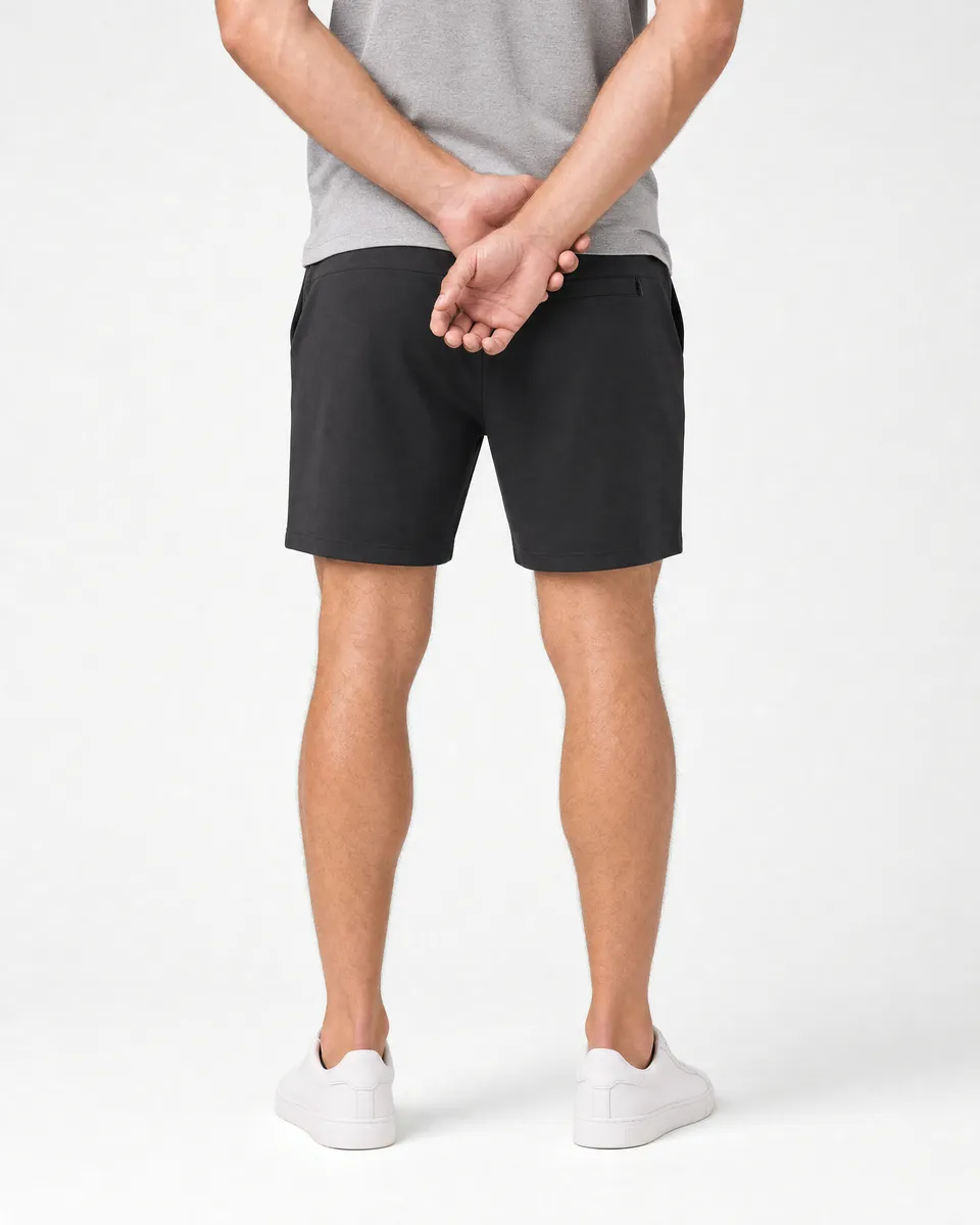 StringKing Men's StayWarm Shorts - Relaxed Fit, Black, Full Back - Human Model - Chest to Feet