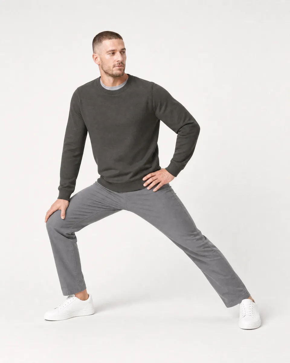 StringKing Men's Pima Terry Crew Sweater - Sharp Fit, Peat, Full Front Angle - Human Model