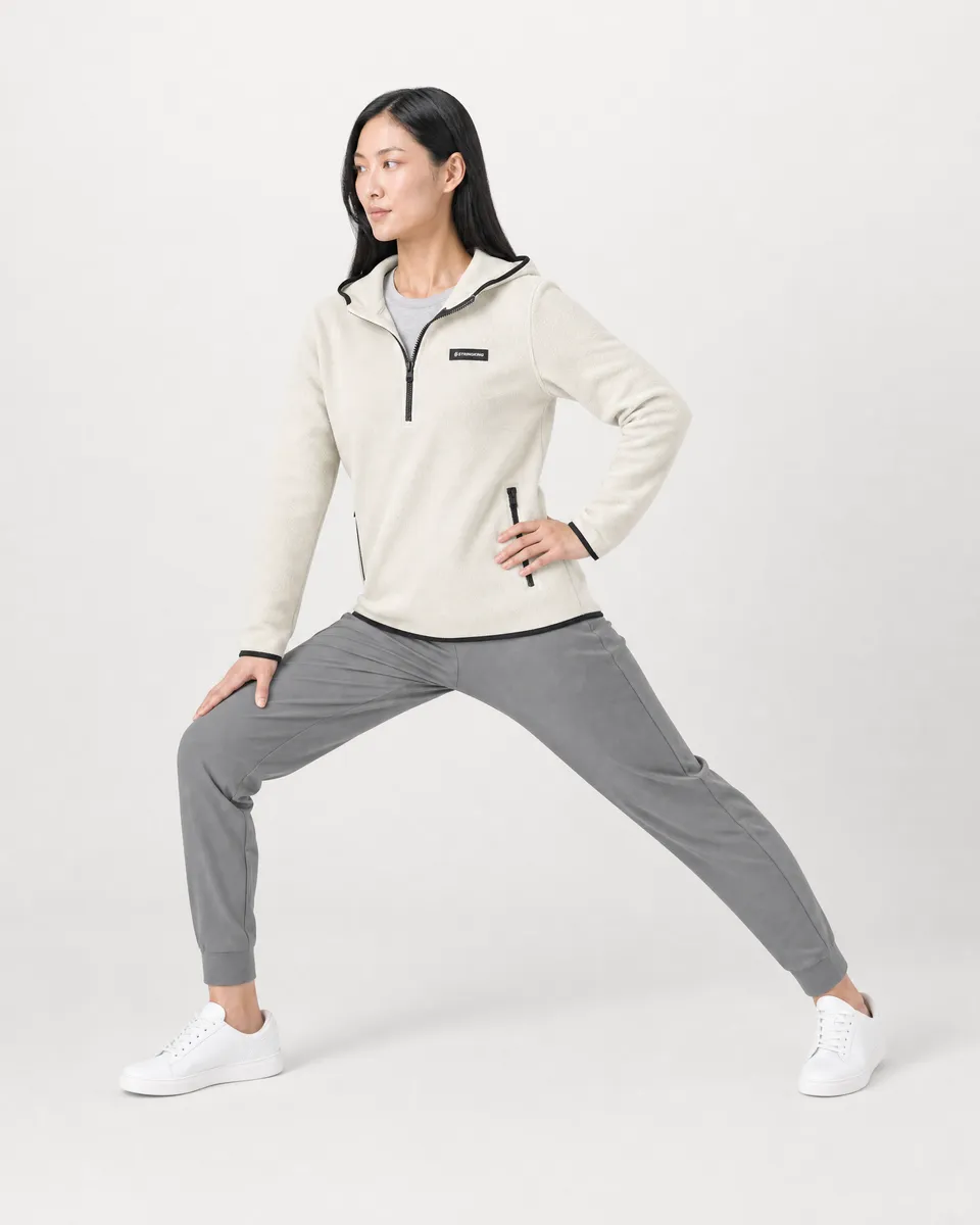 StringKing Women's Polartec Fleece Quarter Zip Hoodie with Pockets - Sharp Fit, Jet Stream, Full Front Angle - Human Model