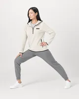 StringKing Women's Polartec Fleece Quarter Zip Hoodie with Pockets - Sharp Fit, Jet Stream, Full Front Angle - Human Model