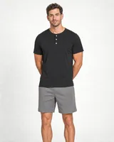 StringKing Men's Pima Jersey Short Sleeve Henley - Sharp Fit, Black, Full Front - Human Model - Top of head to Knees