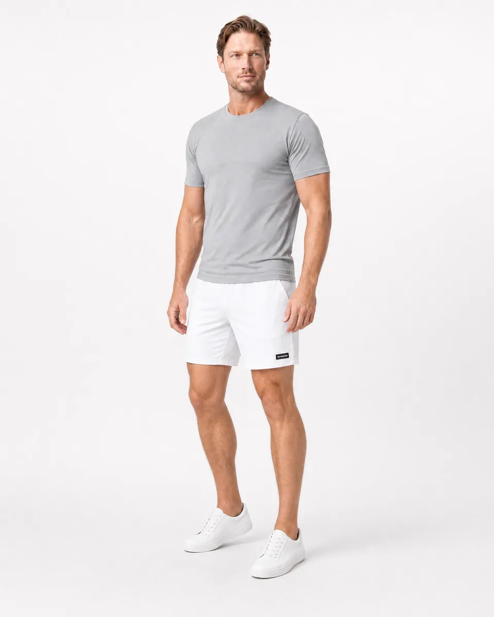 StringKing Men's Nylon Flex Game Shorts - Sharp Fit, White, Full Front Angle - Human Model
