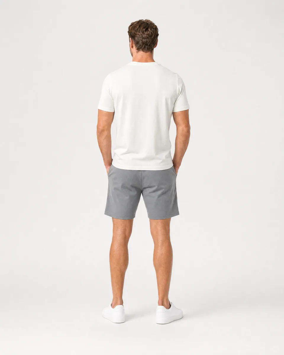 StringKing Men's Pima Jersey Tee - Sharp Fit, Tofu, Full Back - Human Model - Top of head to Mid-thigh