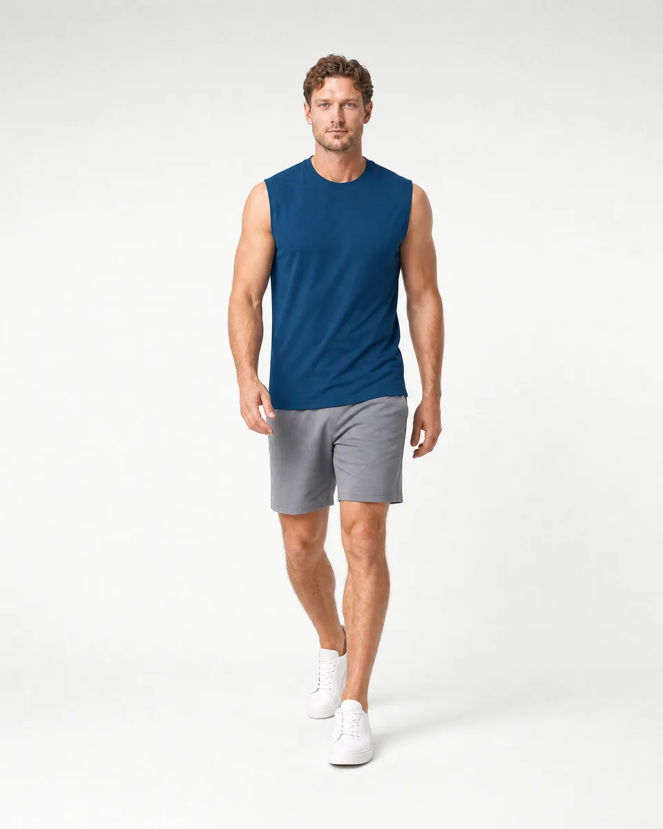 StringKing Men's StayWarm Tank Top - Sharp Fit, Navy Blue, Full Front Angle - Human Model