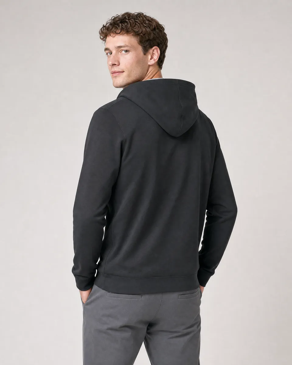 StringKing Men's Pima Terry Hoodie - Sharp Fit, Black, Full Back - Human Model - Top of head to Mid-thigh