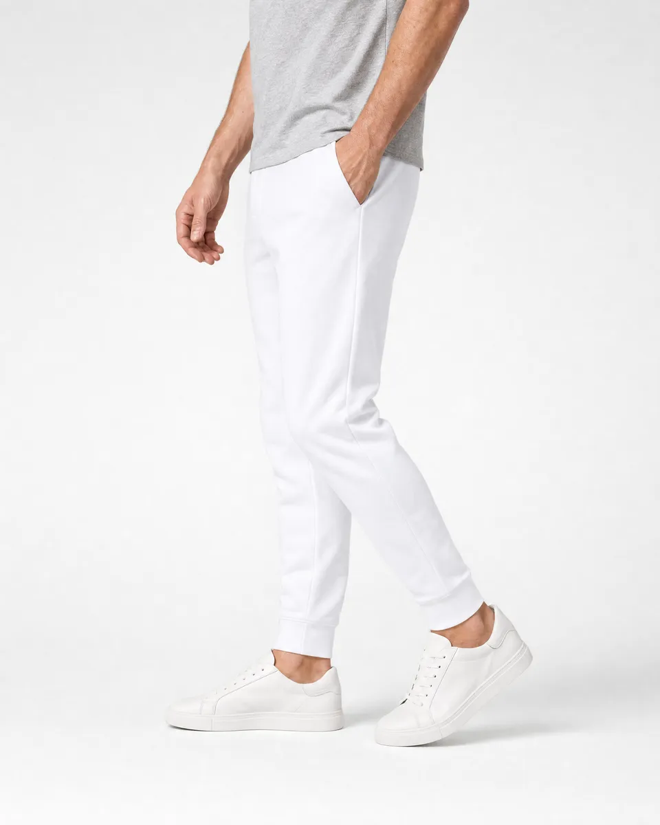 StringKing Men's StayWarm Joggers - Sharp Fit, White, Full Side - Human Model - Chest to Feet