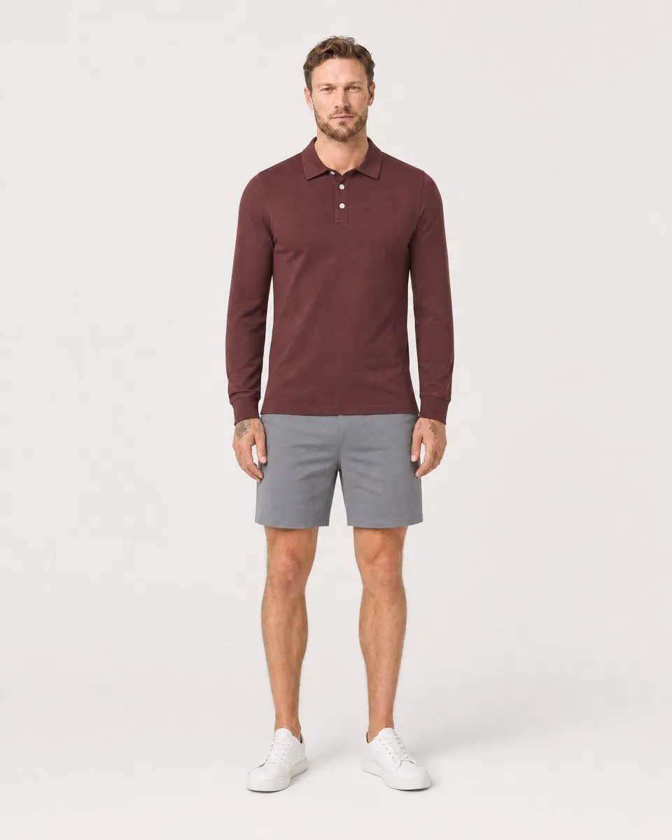 StringKing Men's Pima Jersey Long Sleeve Polo - Sharp Fit, New Maroon, Full Front - Human Model - Top of head to Knees