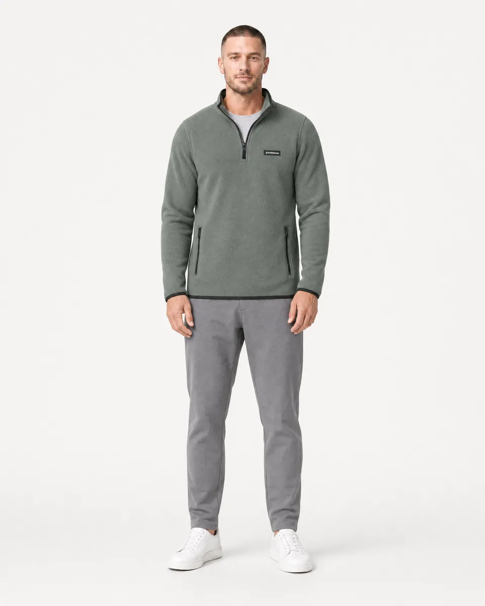 StringKing Men's Polartec Fleece Quarter Zip with Pockets - Sharp Fit, Avenue Green, Full Front - Human Model - Top of head to Knees