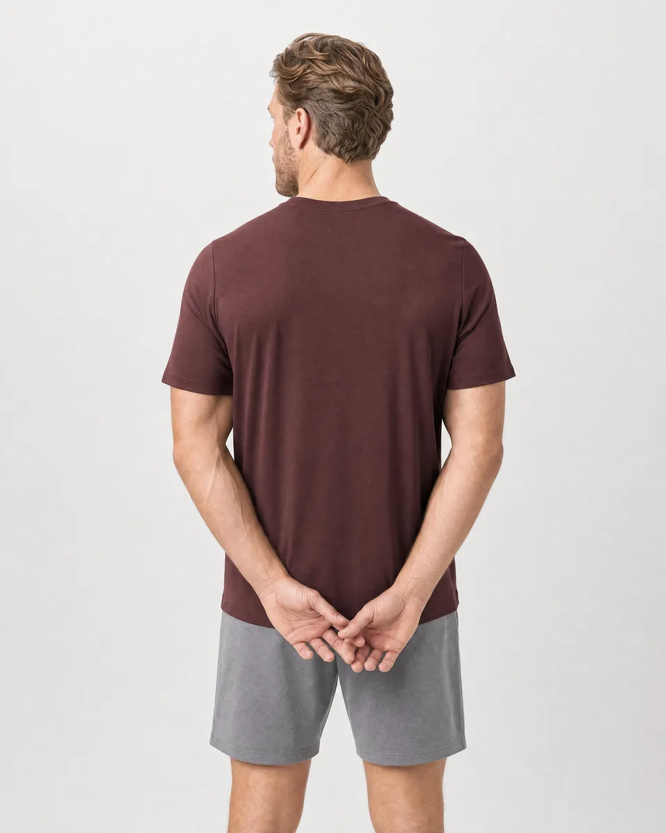 StringKing Men's Pima Jersey Tee - Relaxed Fit, New Maroon, Full Back - Human Model - Top of head to Mid-thigh