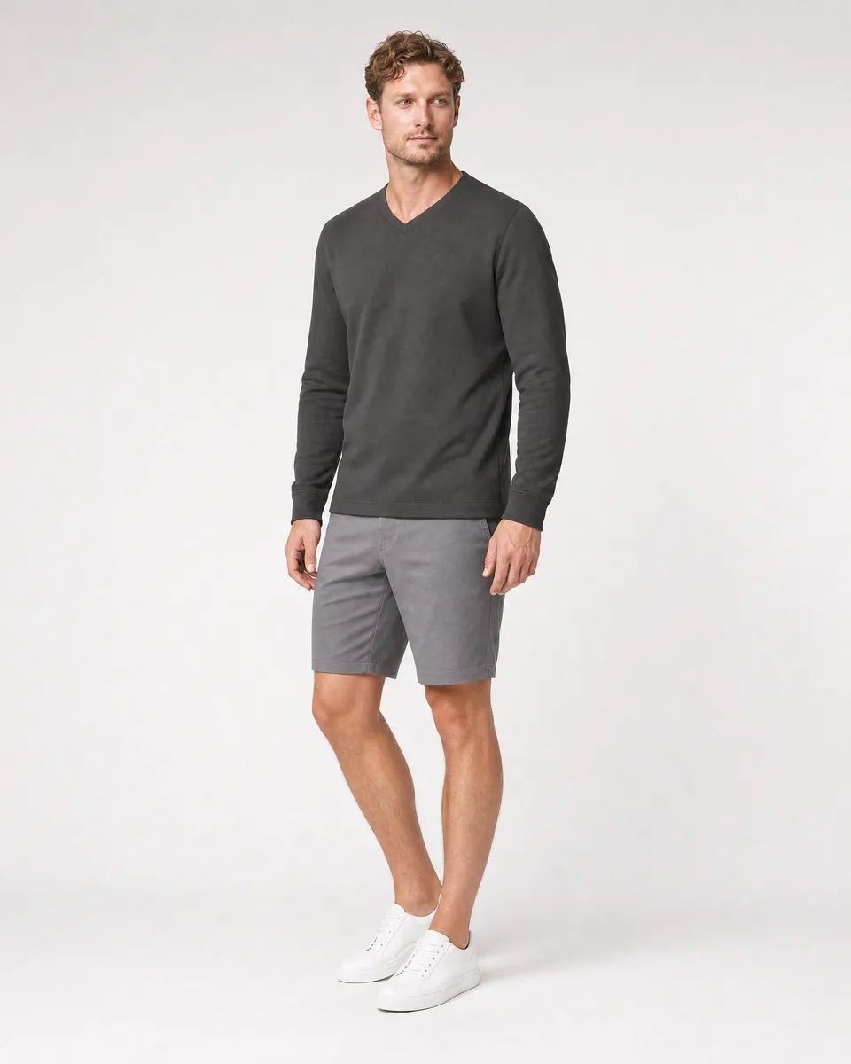 StringKing Men's Pima Terry Long Sleeve V-Neck Tee - Sharp Fit, Peat, Full Front Angle - Human Model