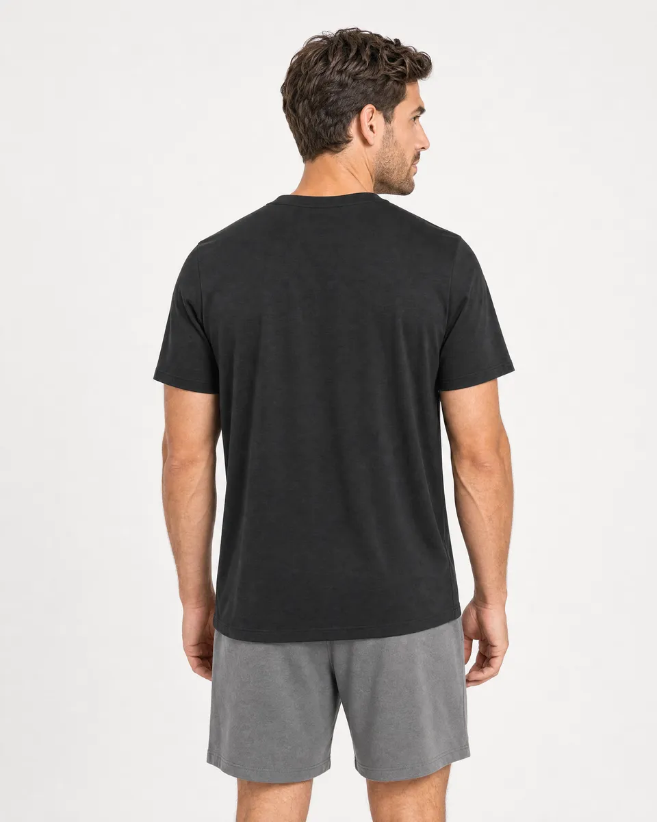 StringKing Men's Pima Jersey Short Sleeve Henley - Relaxed Fit, Black, Full Back - Human Model - Top of head to Mid-thigh