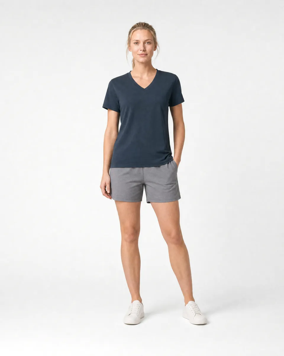 StringKing Women's Pima Terry V-Neck Tee - Relaxed Fit, Navy, Full Front - Human Model