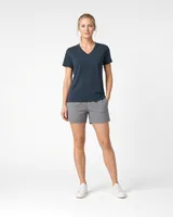 StringKing Women's Pima Terry V-Neck Tee - Relaxed Fit, Navy, Full Front - Human Model