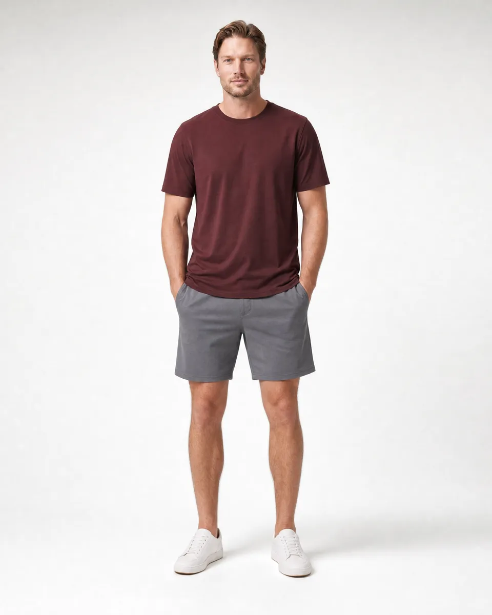 StringKing Men's Pima Jersey Tee - Relaxed Fit, New Maroon, Full Front - Human Model