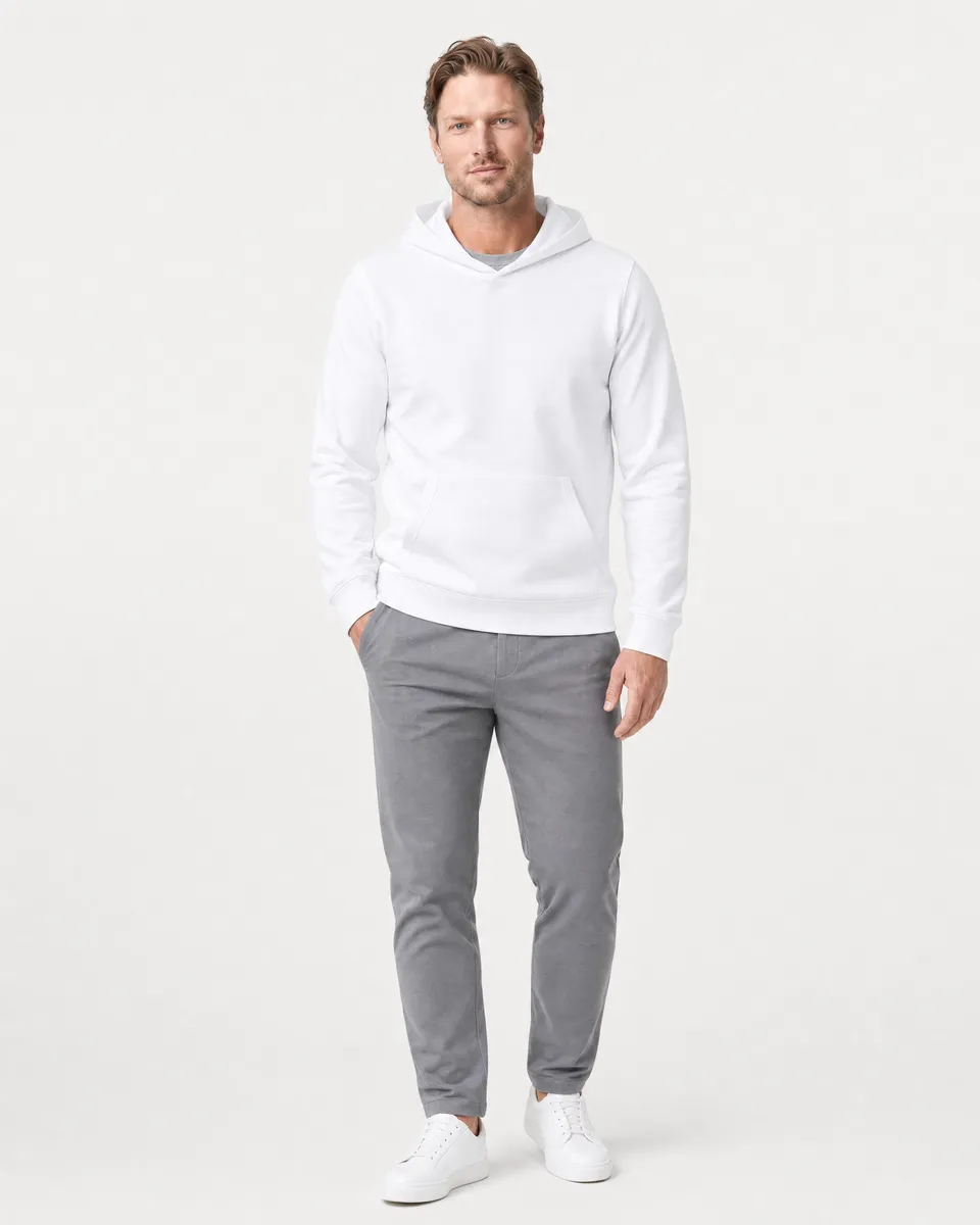 StringKing Men's Pima Terry Hoodie - Sharp Fit, White, Full Front - Human Model - Top of head to Knees