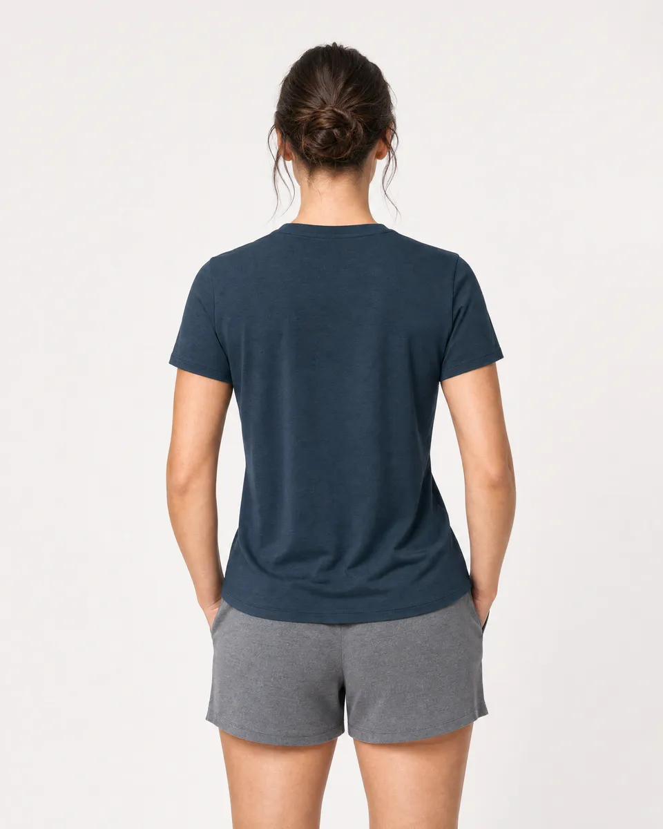 StringKing Women's Pima Terry Tee - Relaxed Fit, Navy, Full Back - Human Model - Top of head to Mid-thigh