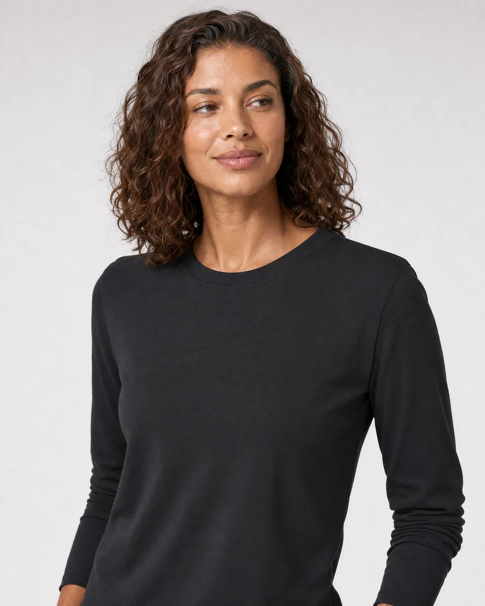 StringKing Women's Pima Jersey Long Sleeve Tee - Sharp Fit, Black, Collar Shoulder - Human Model