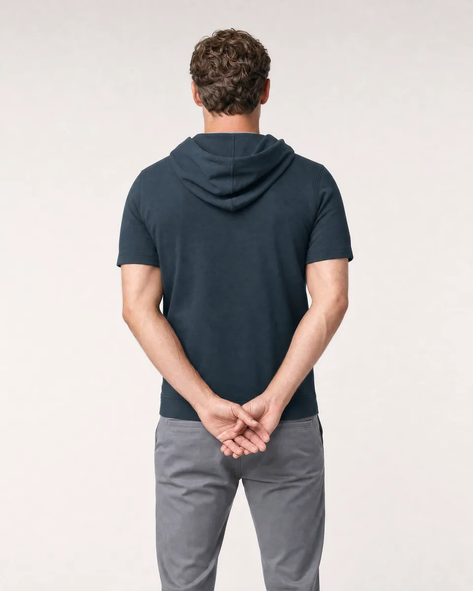 StringKing Men's Pima Terry Short Sleeve Hoodie - Sharp Fit, Navy, Full Back - Human Model - Top of head to Mid-thigh