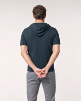 StringKing Men's Pima Terry Short Sleeve Hoodie - Sharp Fit, Navy, Full Back - Human Model - Top of head to Mid-thigh