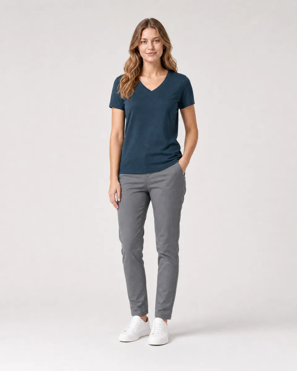StringKing Women's Pima Terry V-Neck Tee - Sharp Fit, Navy, Full Front - Human Model