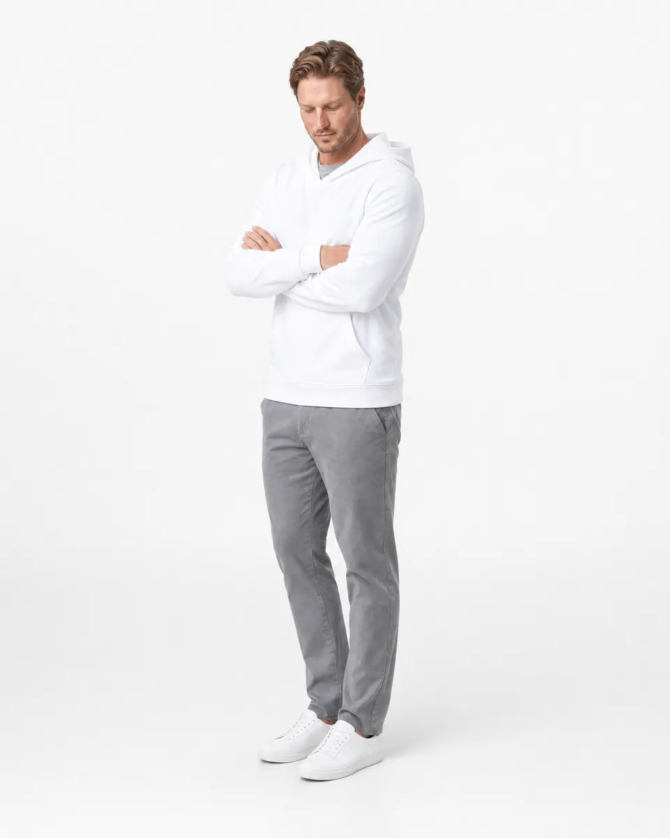StringKing Men's StayWarm Hoodie - Sharp Fit, White, Full Front Angle - Human Model