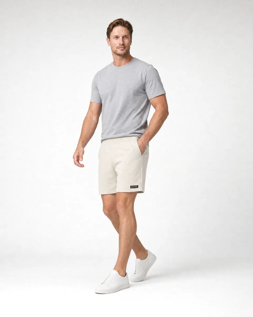 StringKing Men's Polartec Fleece Shorts - Relaxed Fit, Jet Stream, Full Front Angle - Human Model