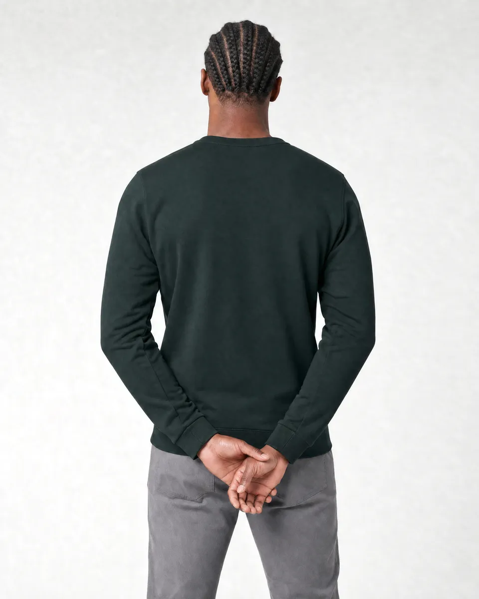 StringKing Men's Pima Terry Crew Sweatshirt - Sharp Fit, Pine Grove, Full Back - Human Model - Top of head to Mid-thigh