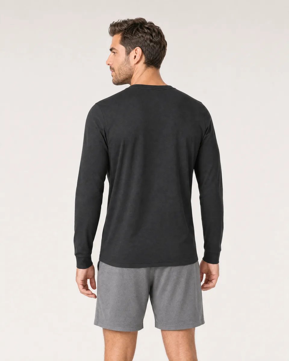StringKing Men's Pima Jersey Long Sleeve Tee - Sharp Fit, Black, Full Back - Human Model - Top of head to Mid-thigh