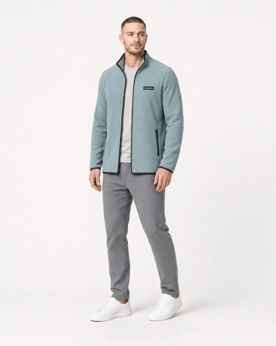 StringKing Men's Polartec Fleece Full Zip with Pockets - Relaxed Fit, Slate, Full Front Angle - Human Model