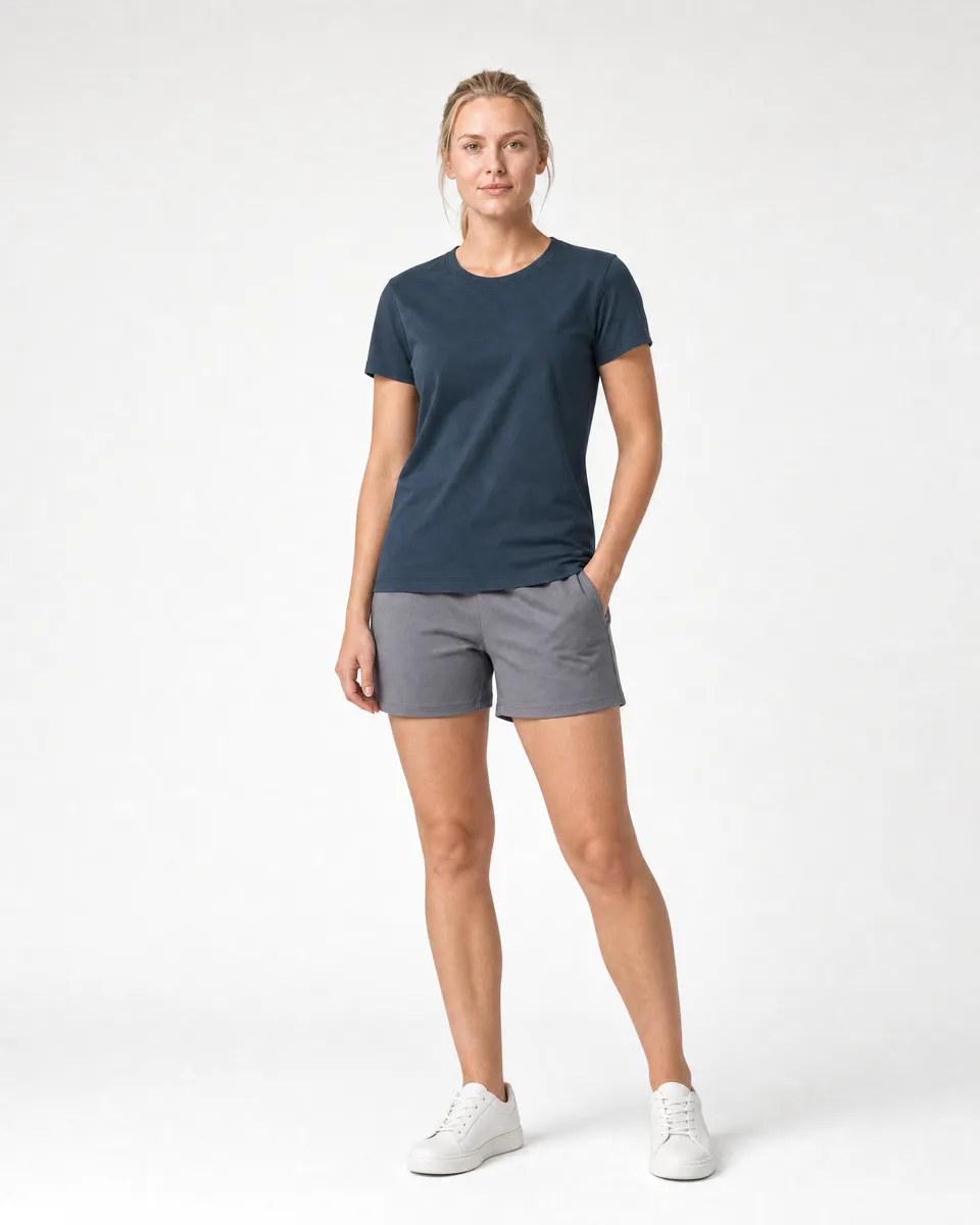 StringKing Women's Pima Jersey Tee - Sharp Fit, Navy, Full Front - Human Model - Top of head to Knees
