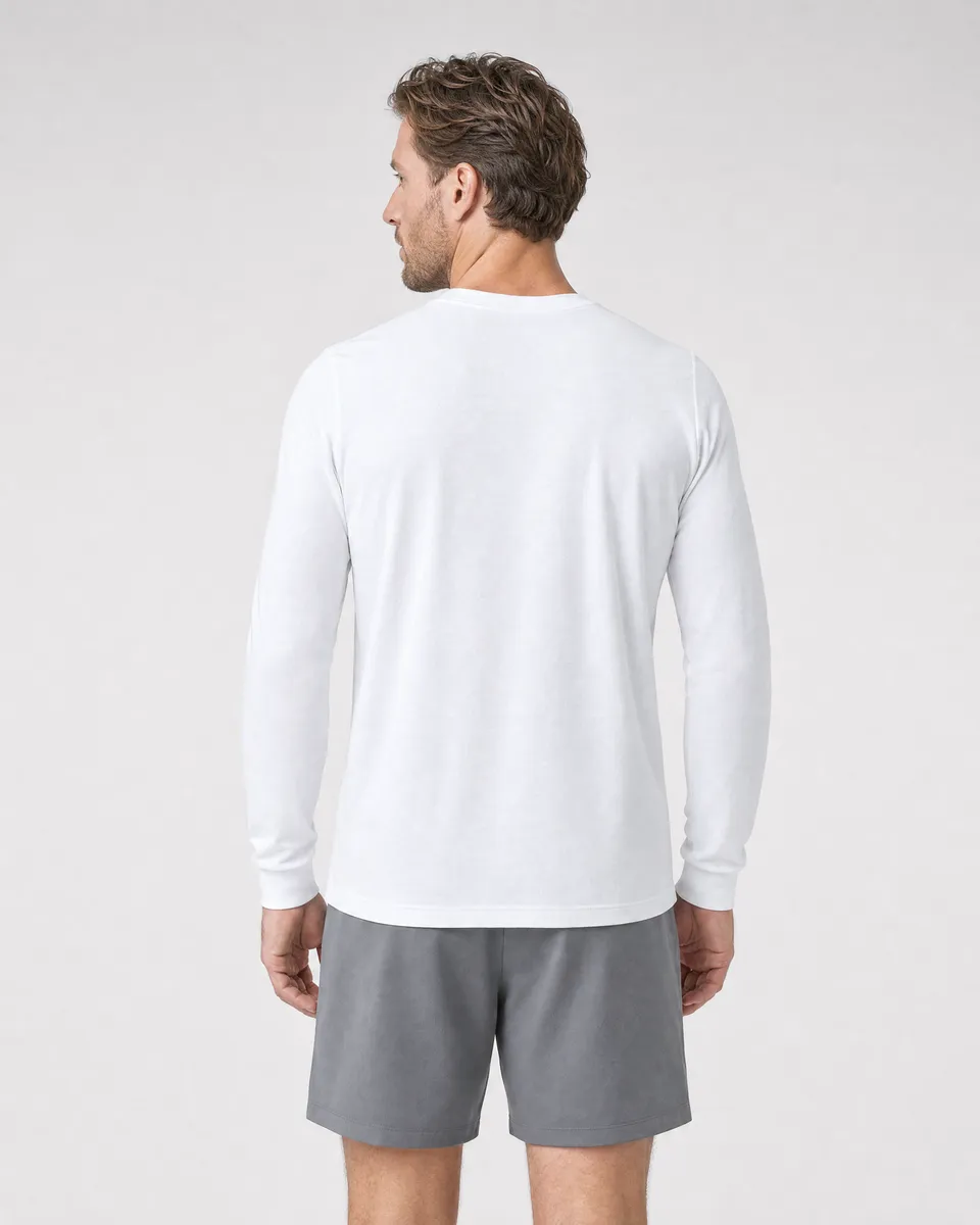 StringKing Men's Pima Terry Long Sleeve Tee - Sharp Fit, White, Full Back - Human Model - Top of head to Mid-thigh