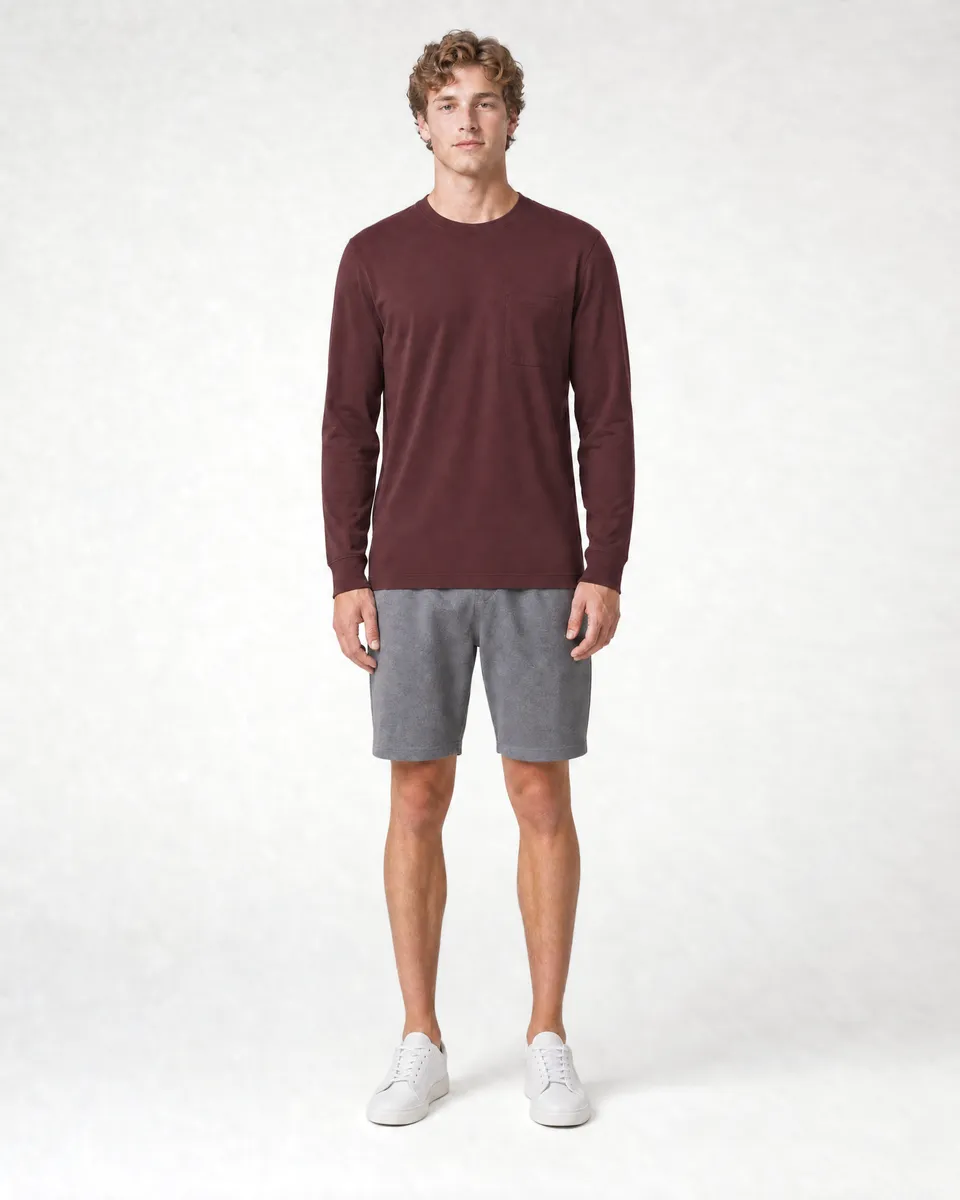 StringKing Men's Pima Jersey Long Sleeve Pocket Tee - Sharp Fit, New Maroon, Full Front - Human Model