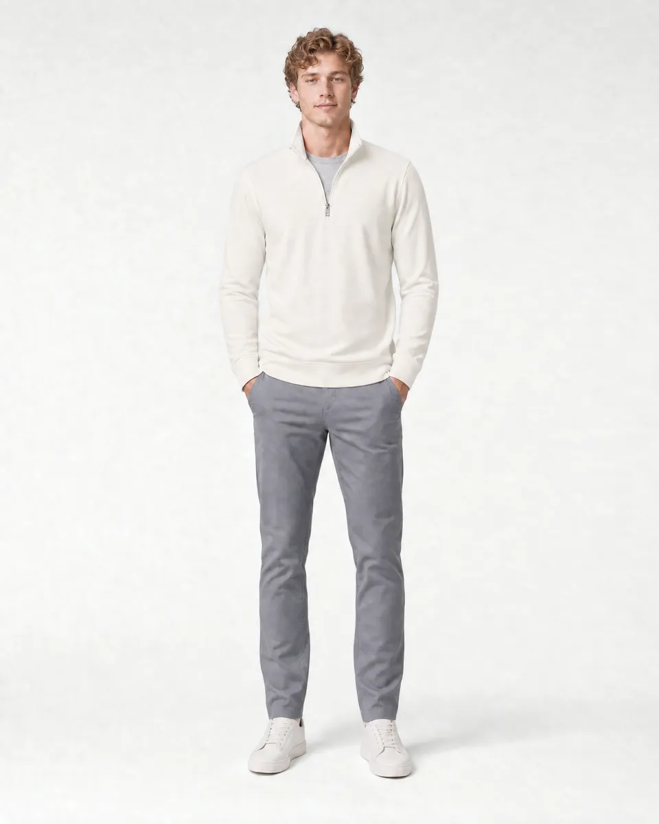 StringKing Men's Pima Terry Quarter Zip - Sharp Fit, Tofu, Full Front - Human Model
