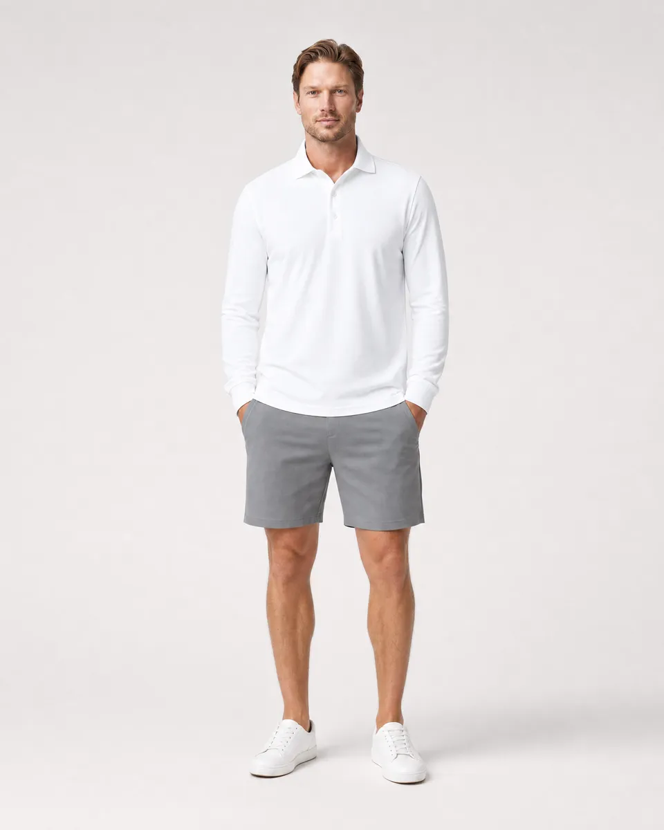 StringKing Men's Pima Jersey Long Sleeve Polo Multi, Full Front - Human Model