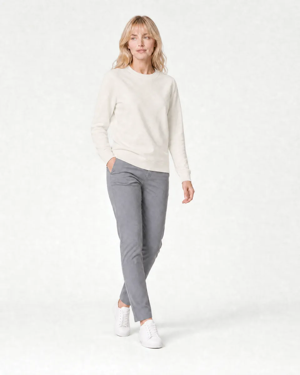 StringKing Women's Pima Terry Crew Sweater - Relaxed Fit, Tofu, Full Front Angle - Human Model