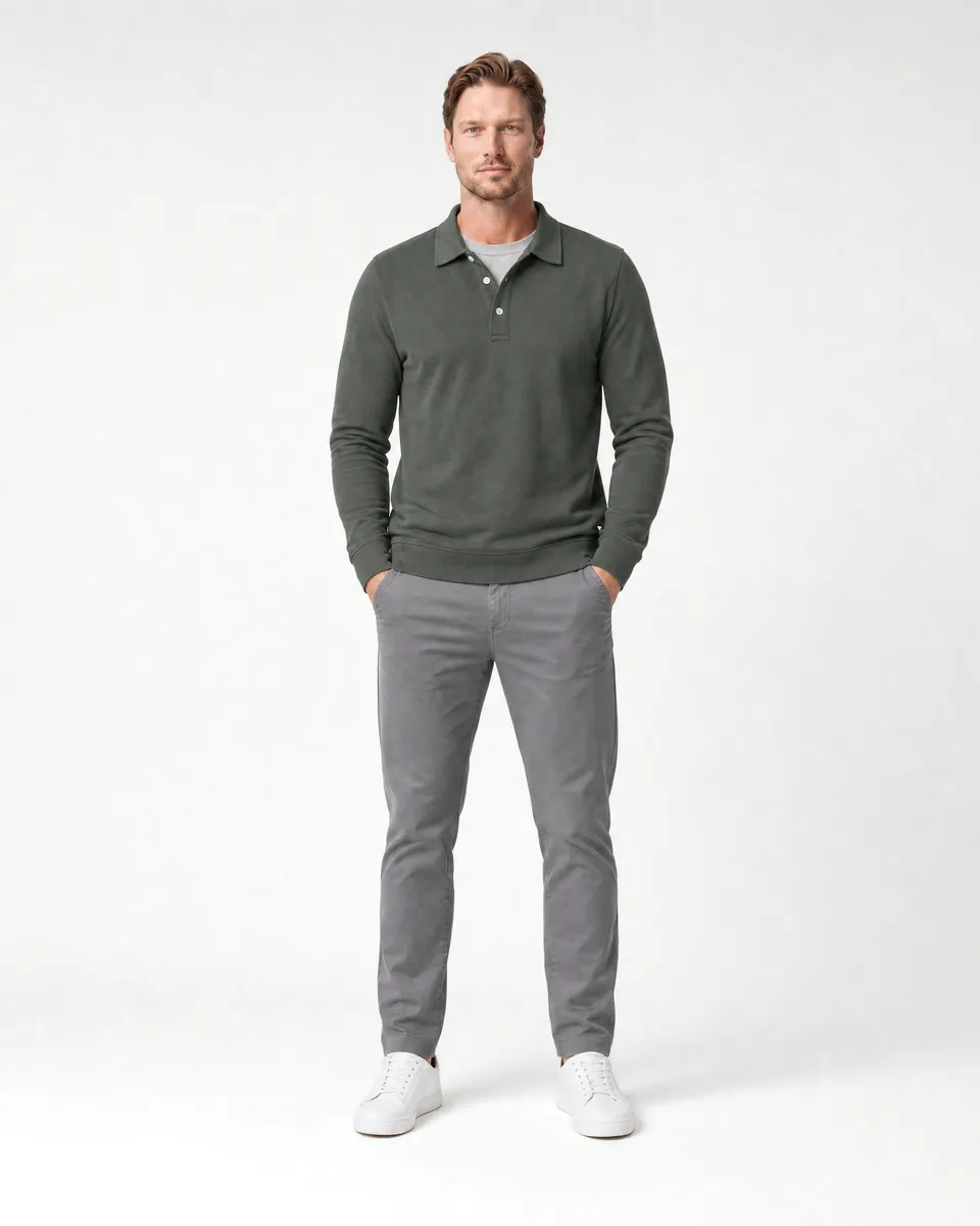 StringKing Men's Pima Terry Long Sleeve Polo - Sharp Fit, Moss, Full Front - Human Model