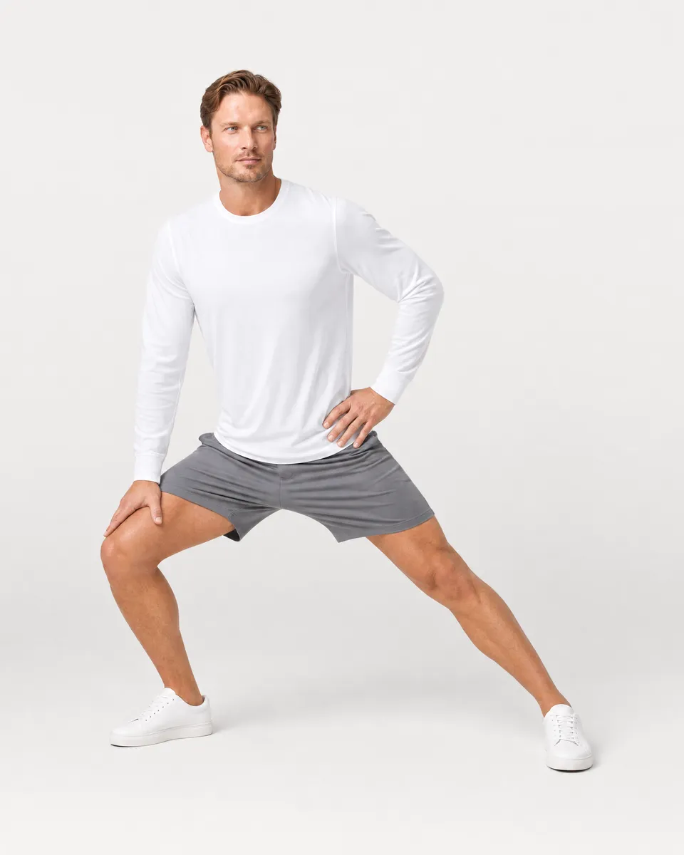 StringKing Men's Pima Jersey Long Sleeve Tee - Relaxed Fit, White, Full Front Angle - Human Model