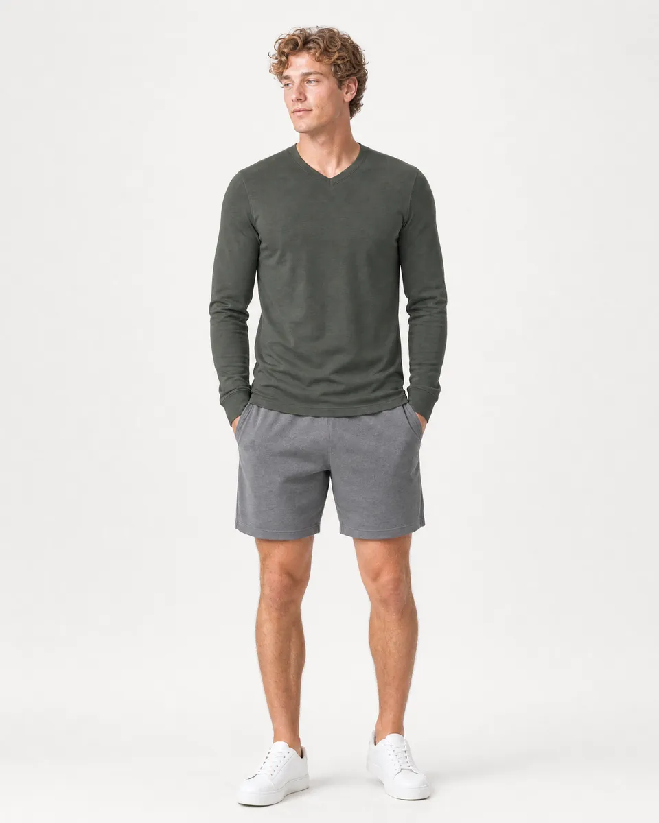 StringKing Men's Pima Jersey Long Sleeve V-Neck Tee - Sharp Fit, Moss, Full Front - Human Model - Top of head to Knees