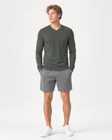 StringKing Men's Pima Jersey Long Sleeve V-Neck Tee - Sharp Fit, Moss, Full Front - Human Model - Top of head to Knees