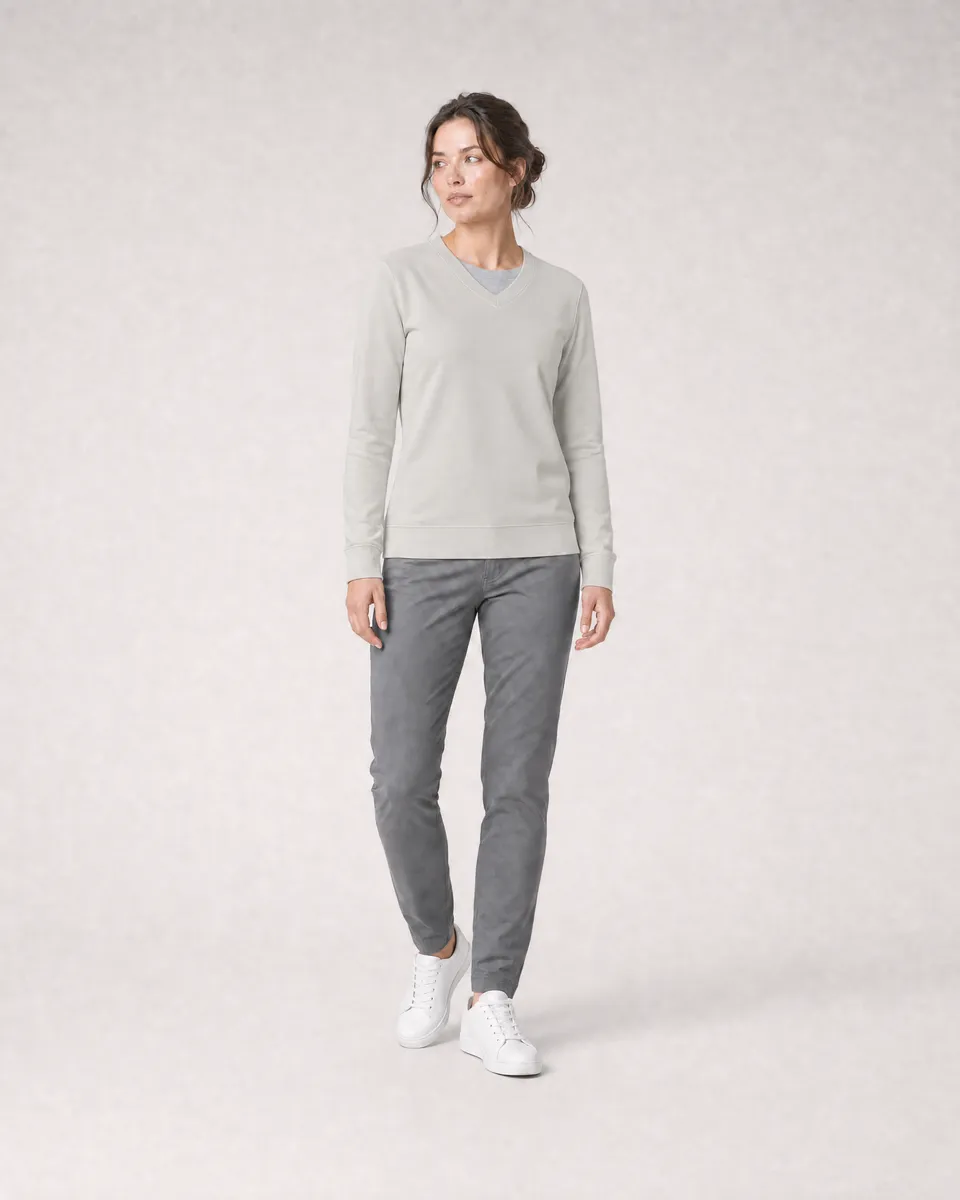StringKing Women's Pima Terry V-Neck Sweater - Sharp Fit, Moonstruck, Full Front Angle - Human Model