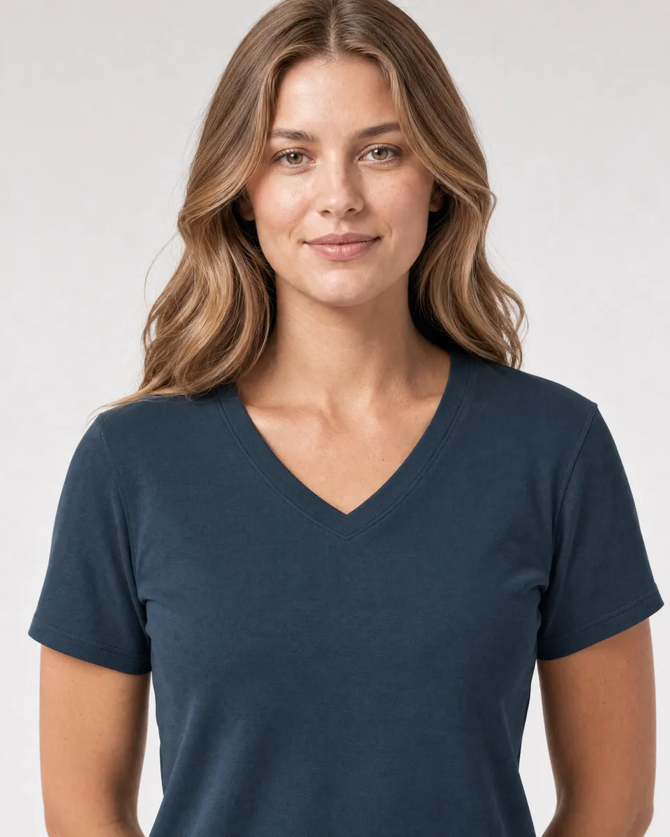 StringKing Women's Pima Terry V-Neck Tee - Sharp Fit, Navy, Collar Shoulder - Human Model