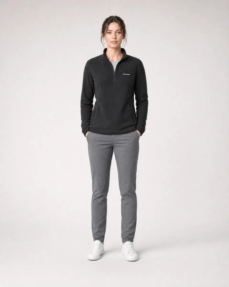 StringKing Women's Polartec Fleece Quarter Zip with Pockets - Sharp Fit, Meteorite, Full Front - Human Model