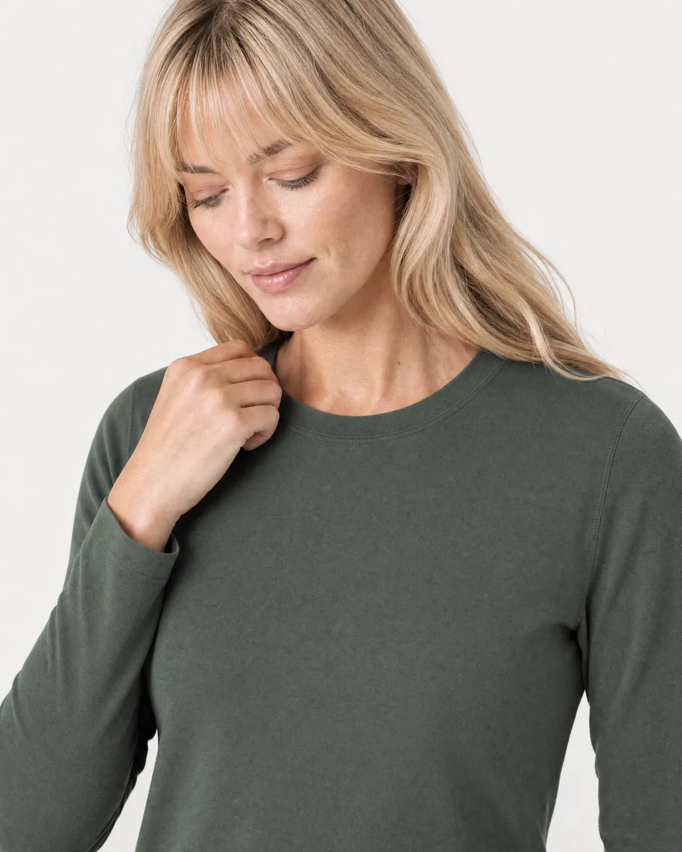 StringKing Women's Pima Terry Long Sleeve Tee - Relaxed Fit, Moss, Collar Shoulder - Human Model