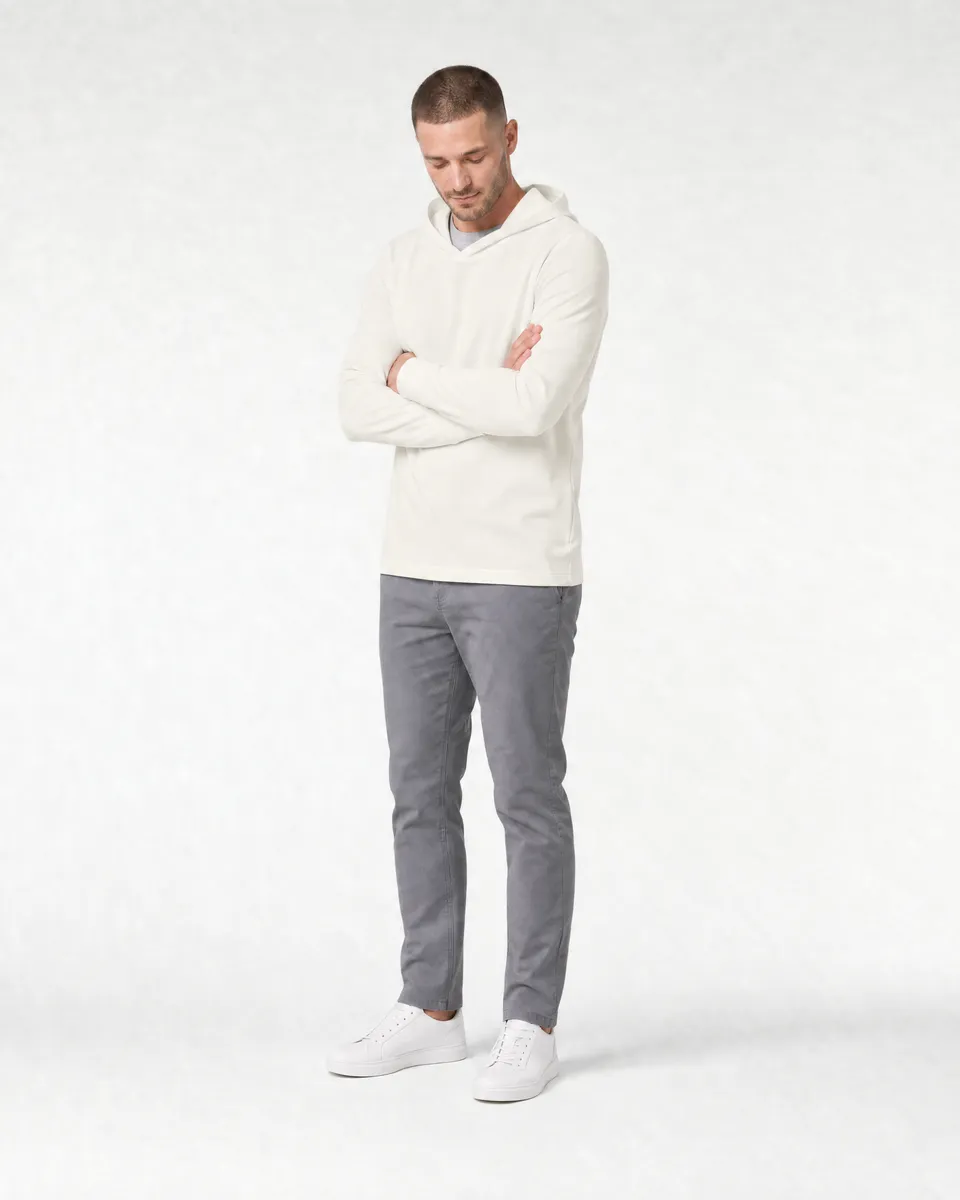 StringKing Men's Pima Jersey Hoodie - Sharp Fit, Tofu, Full Front Angle - Human Model