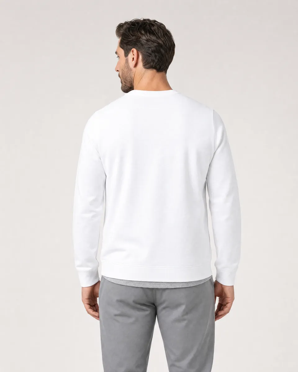 StringKing Men's Pima Terry Crew Sweatshirt - Sharp Fit, White, Full Back - Human Model - Top of head to Mid-thigh