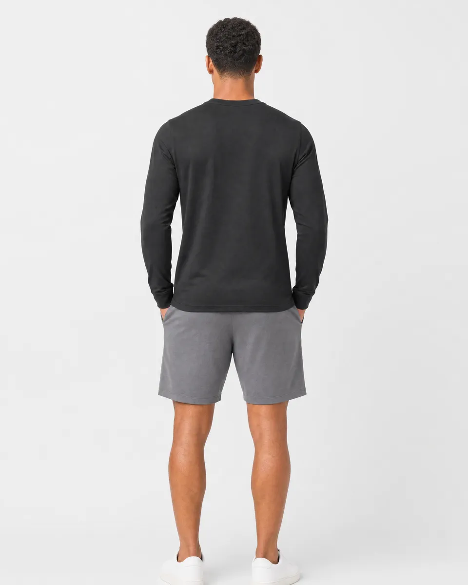 StringKing Men's Pima Terry Long Sleeve V-Neck Tee - Sharp Fit, Black, Full Back - Human Model - Top of head to Mid-thigh