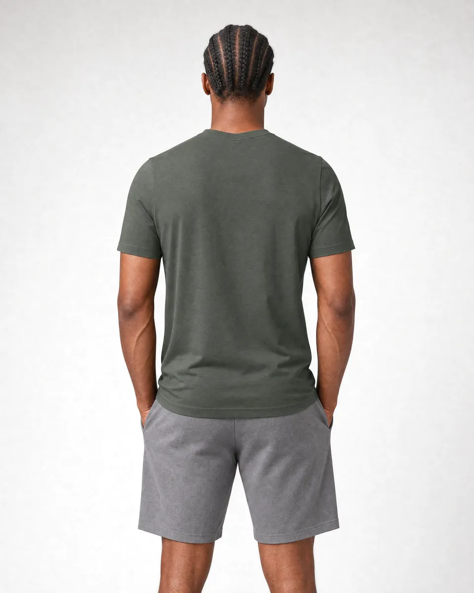 StringKing Men's Pima Jersey V-Neck Tee - Sharp Fit, Moss, Full Back - Human Model - Top of head to Mid-thigh
