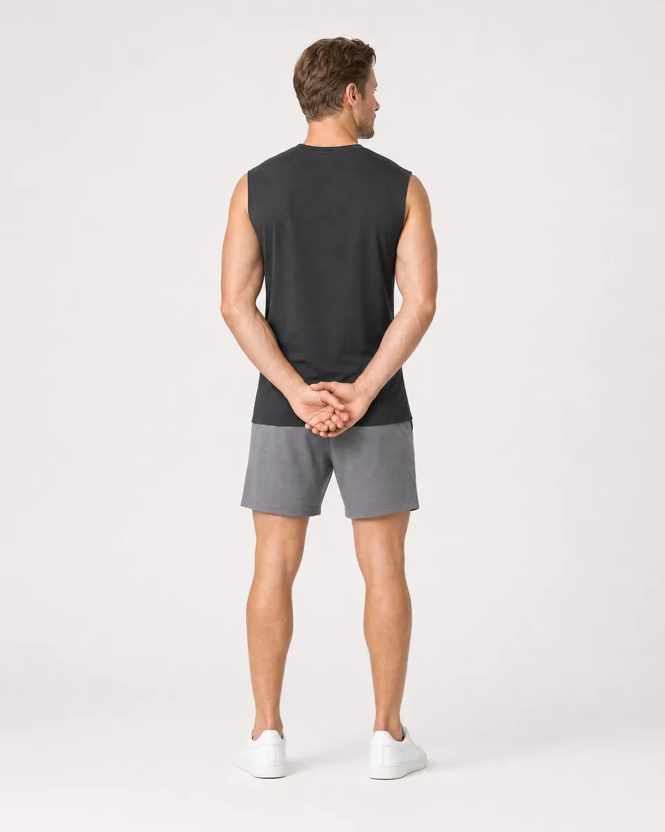 StringKing Men's StayWarm Tank Top - Sharp Fit, Black, Full Back - Human Model - Top of head to Mid-thigh