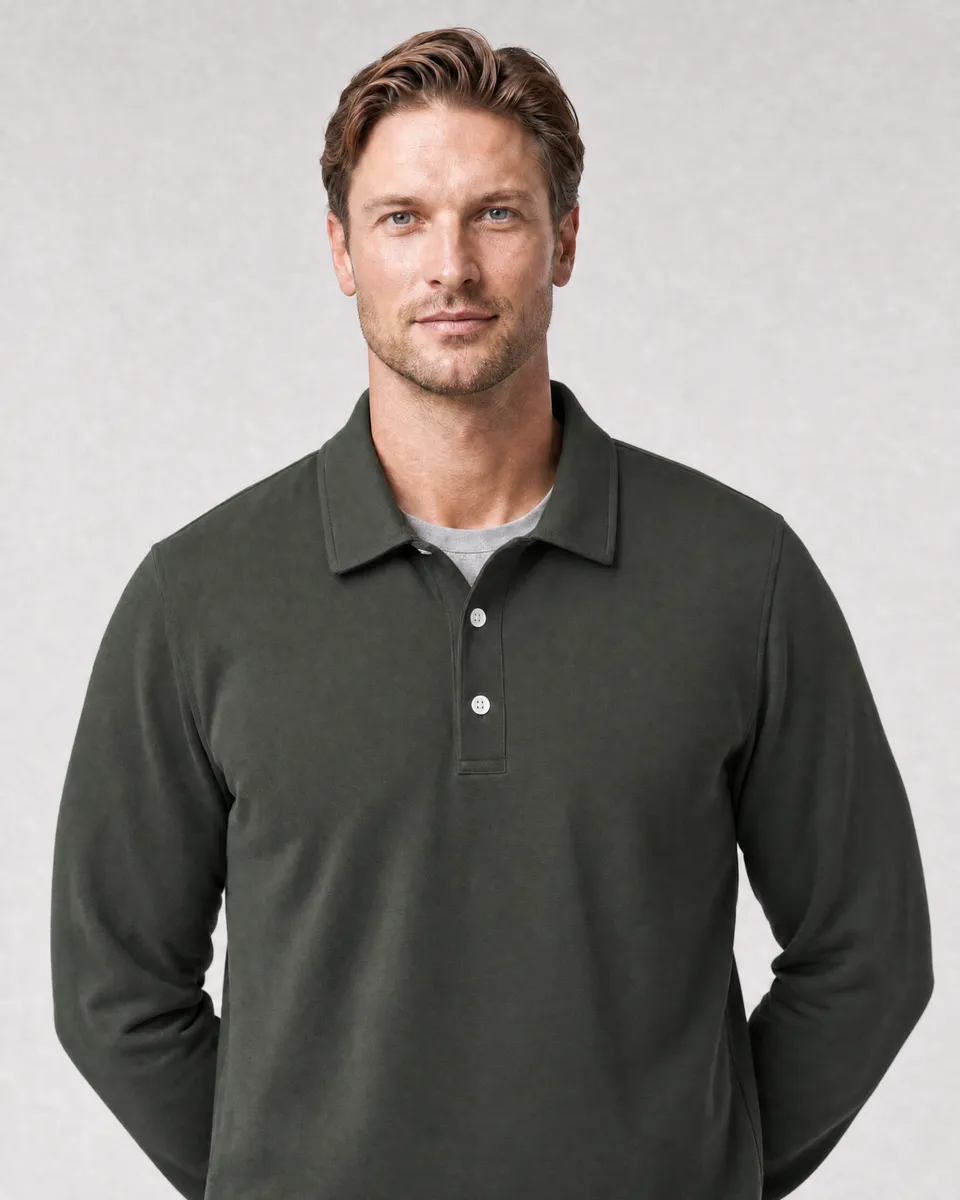 StringKing Men's Pima Terry Long Sleeve Polo - Sharp Fit, Moss, Collar Shoulder - Human Model