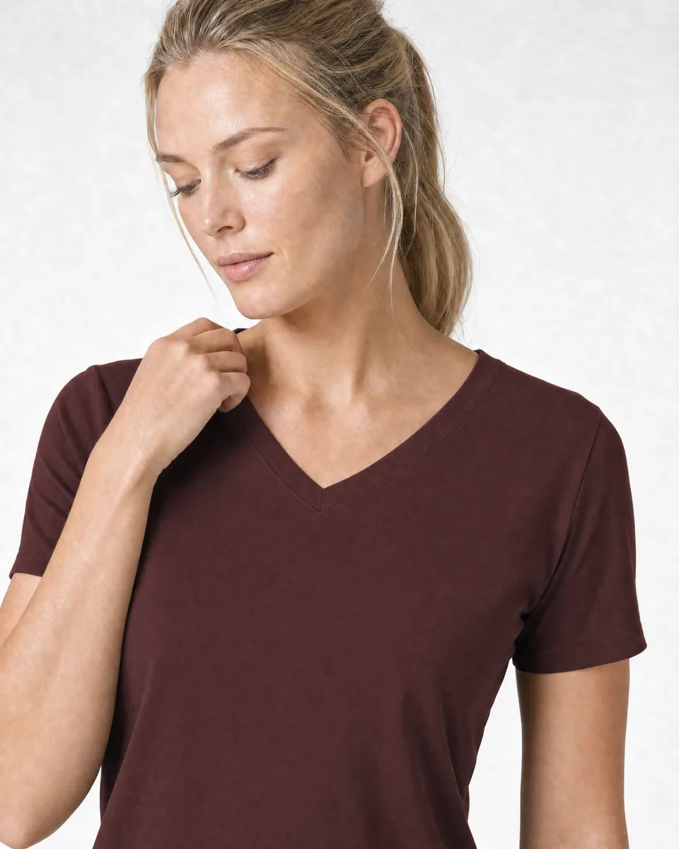 StringKing Women's Pima Jersey V-Neck Tee - Sharp Fit, New Maroon, Collar Shoulder - Human Model